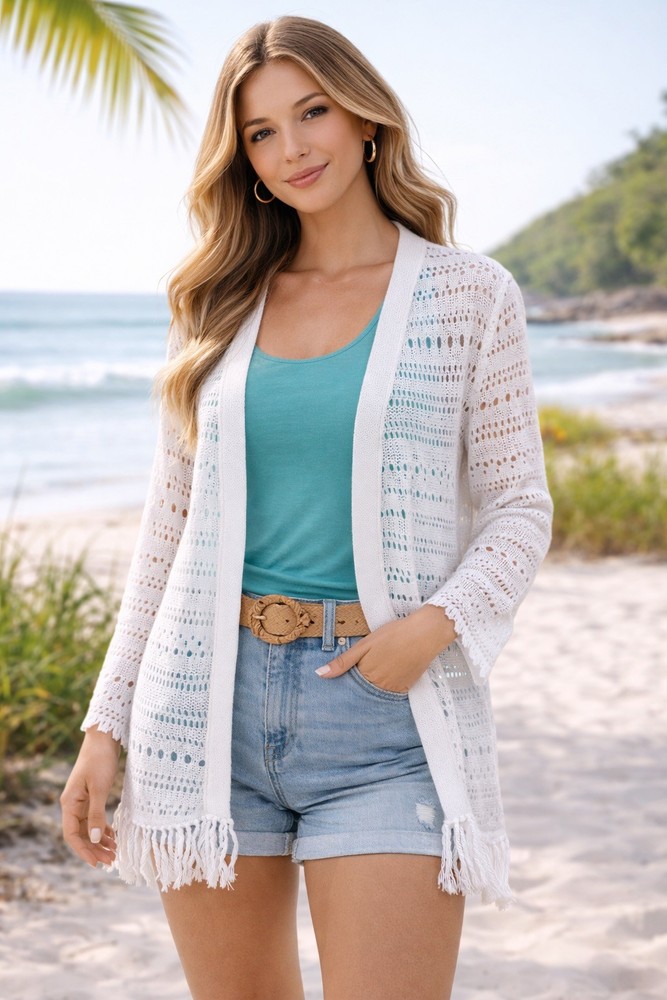 Tommy Bahama Beach Cardigan Cover Up White Knit Crochet Long Sleeve XS