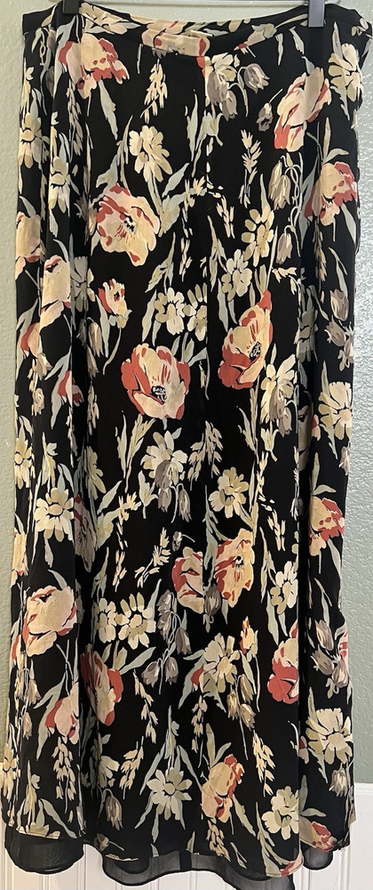 Dana Buchman Silk Floral Long A-Line Skirt Button Front Black Multi Sz 14