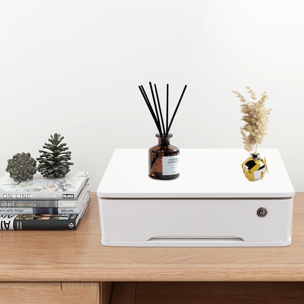 Desktop Storage Box with Lockable Drawer Office Supplies Drawer Organizer White