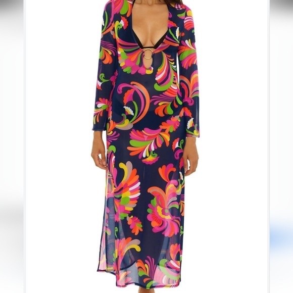 Trina Turk Palms Paradise Mesh Cover Up Maxi Dress, Navy Floral, Nwt $178