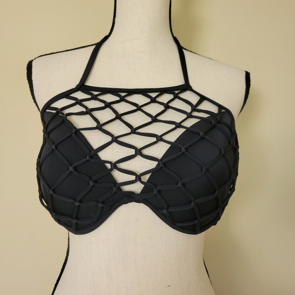 EUC Shade & Shore 36D High Neck Halter Net Swim Bikini Top Padded Underwire Blk