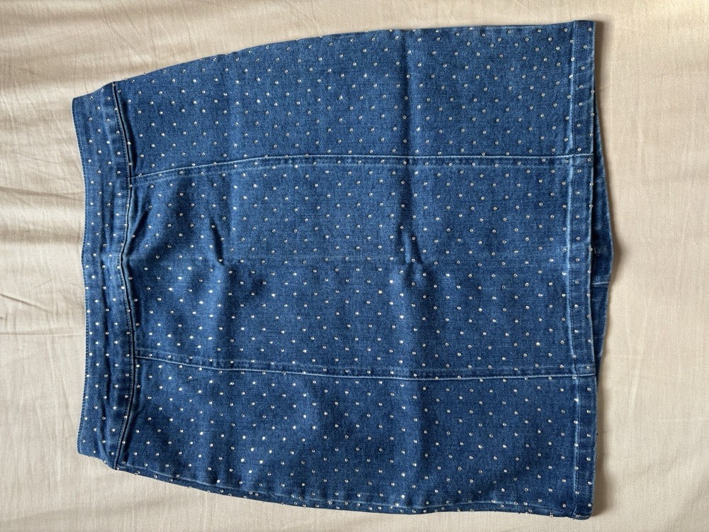 IRIS Women’s Blue Denim Studded Polka Dot Knee Length Skirt Zip Size M