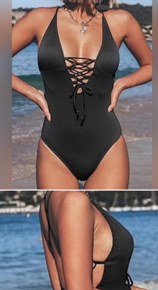 CUPSHE Black V Neck One Piece Swimsuit Lace Up Monokini - Small *NWT*