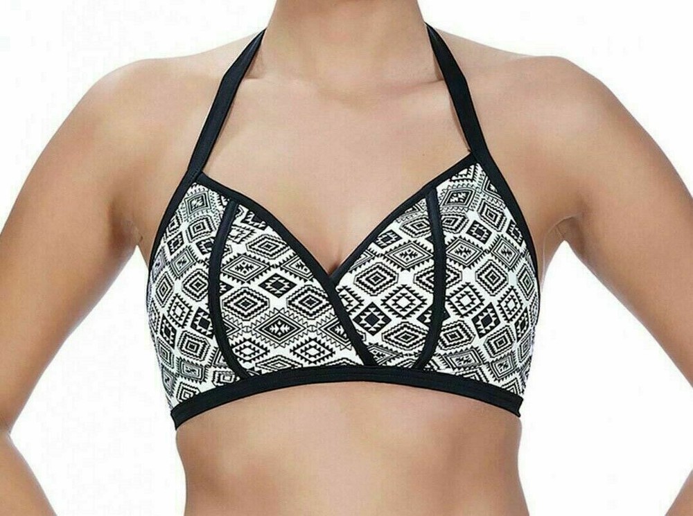 Freya Frenzy Bikini Top Black White 32D Non Wired Padded Triangle Halter 4011