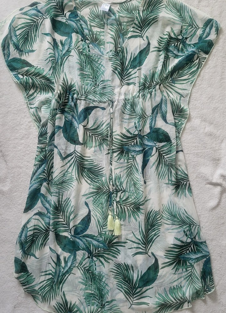 Kona Sol Women's Swim Caftan Cover Up Size M Tropical Palm Leaf Green Print