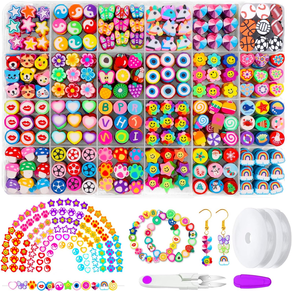 24 Styles 480PCS Polymer Clay Beads - Cute Heart Mushroom Fruit Flower DIY Craft Beads