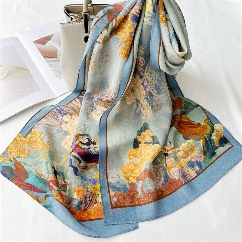 Oriental Print Mulberry Silk Crepe Shawl Neckerchief Oblong Scarf Blue/Beige