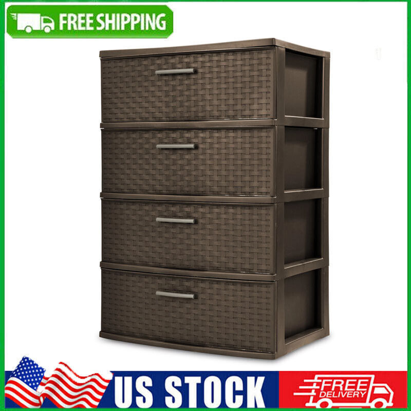 4 Drawer Dresser Wide Weave Storage Tower Chest Cabinet Organizer Box Espresso