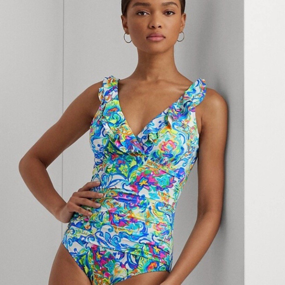 Lauren Ralph Lauren Floral Paisley Ruffle Trim Surplice One Piece New With Tags