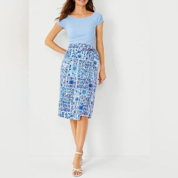 ANN TAYLOR Tie Wrap Floral Print Skirt Blue Size 18