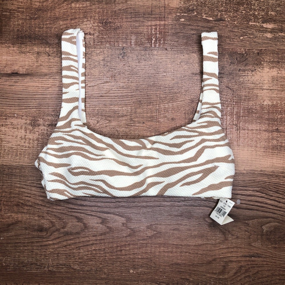 Aerie Scoop Bikini Top Size XS Pique Zebra Animal Print Brown Cream NWT