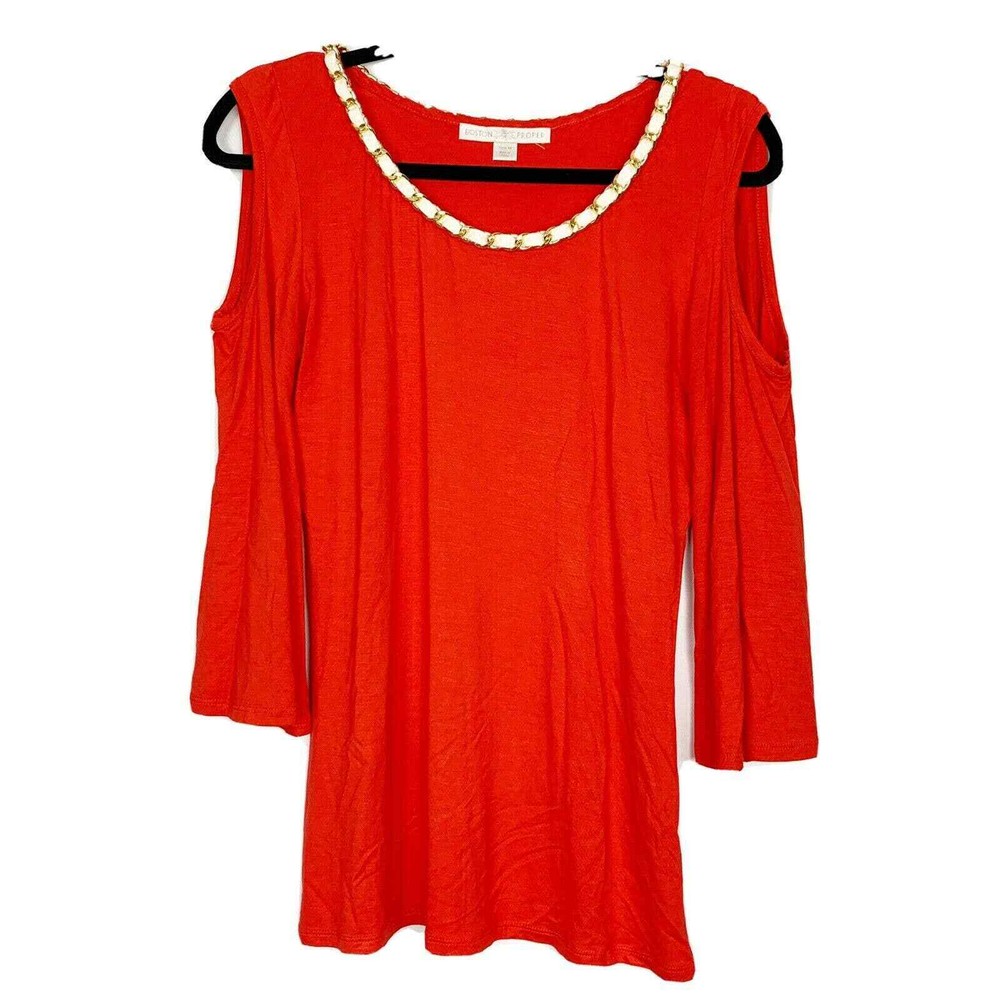 Boston Proper Blouse Women's Gold Chain Cold Shoulder Red Size M-image
