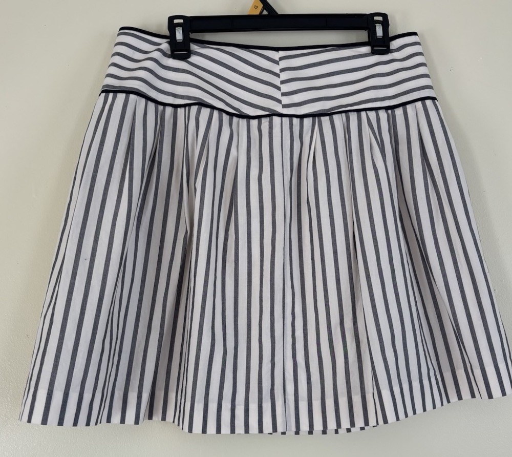 Ann Taylor Petite Striped Pleated Mini Skirt 12P Navy White Side Zip 19” Length