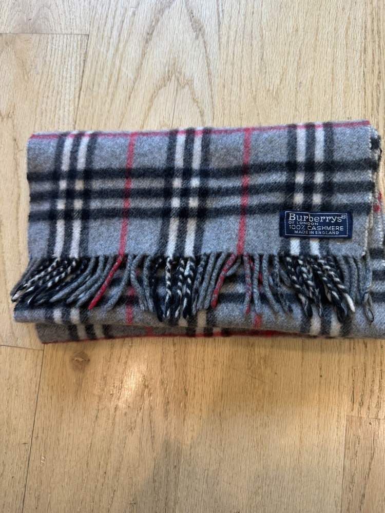 Vintage Burberry 100% Cashmere Scarf 10 X 56 Nova Check Unisex Red Gray Black