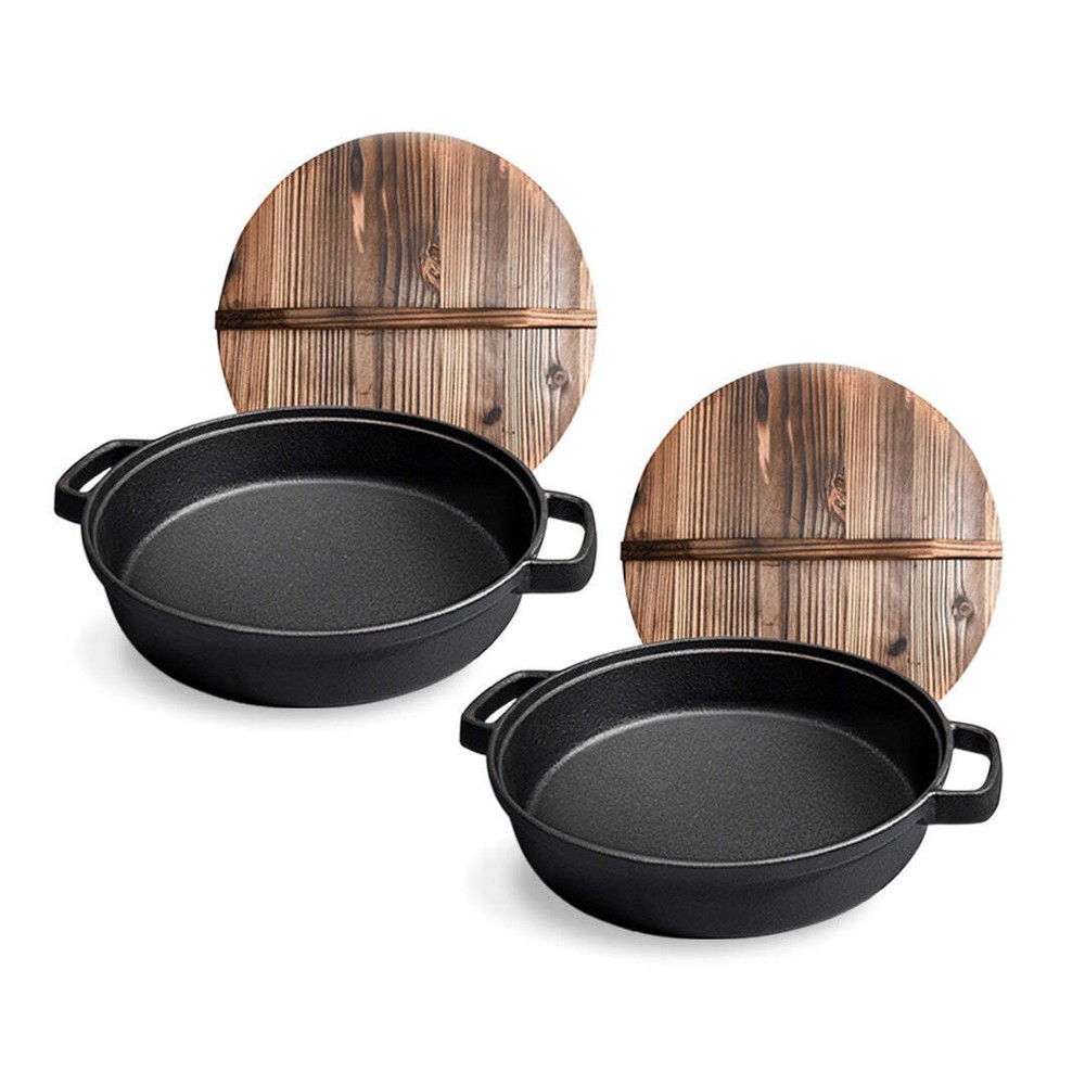 NNEAGS 2X 35cm Round Cast Iron Pre-seasoned Deep Baking Pizza Frying Pan Skillet