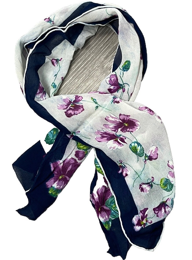 Vintage Scarf Neck Purse Purple Violet Flowers Semi Sheer White Blue 38x14 Twee