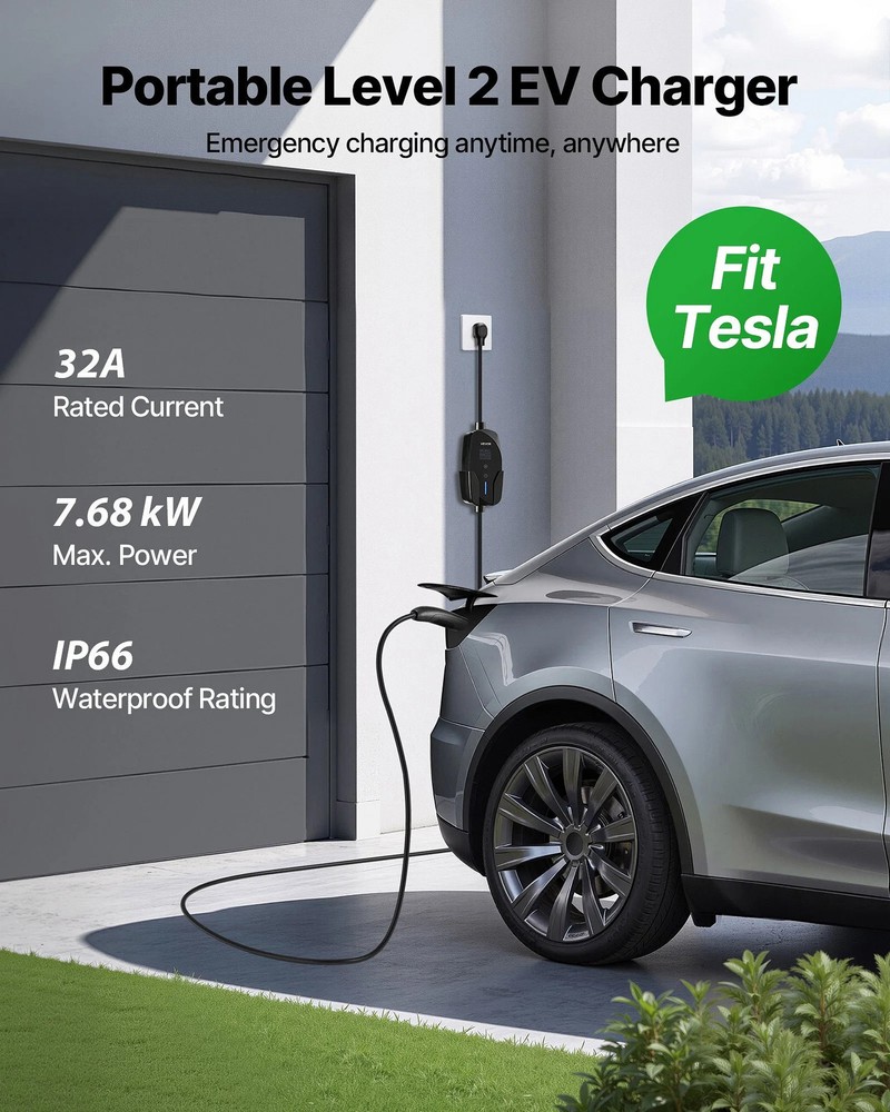 Level 2 Tesla Charger, 32 Amp Adjustable Current, 240V Portable Home Electric Ca