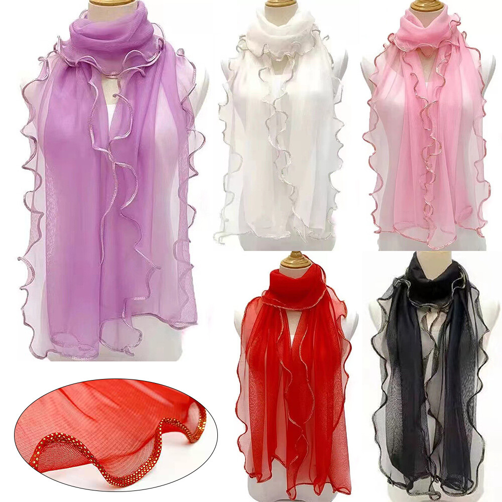 Vintage Long Scarves Sunscreen Headscarf Neck Wrap Ruffle Silk Shawl Hijab Scarf