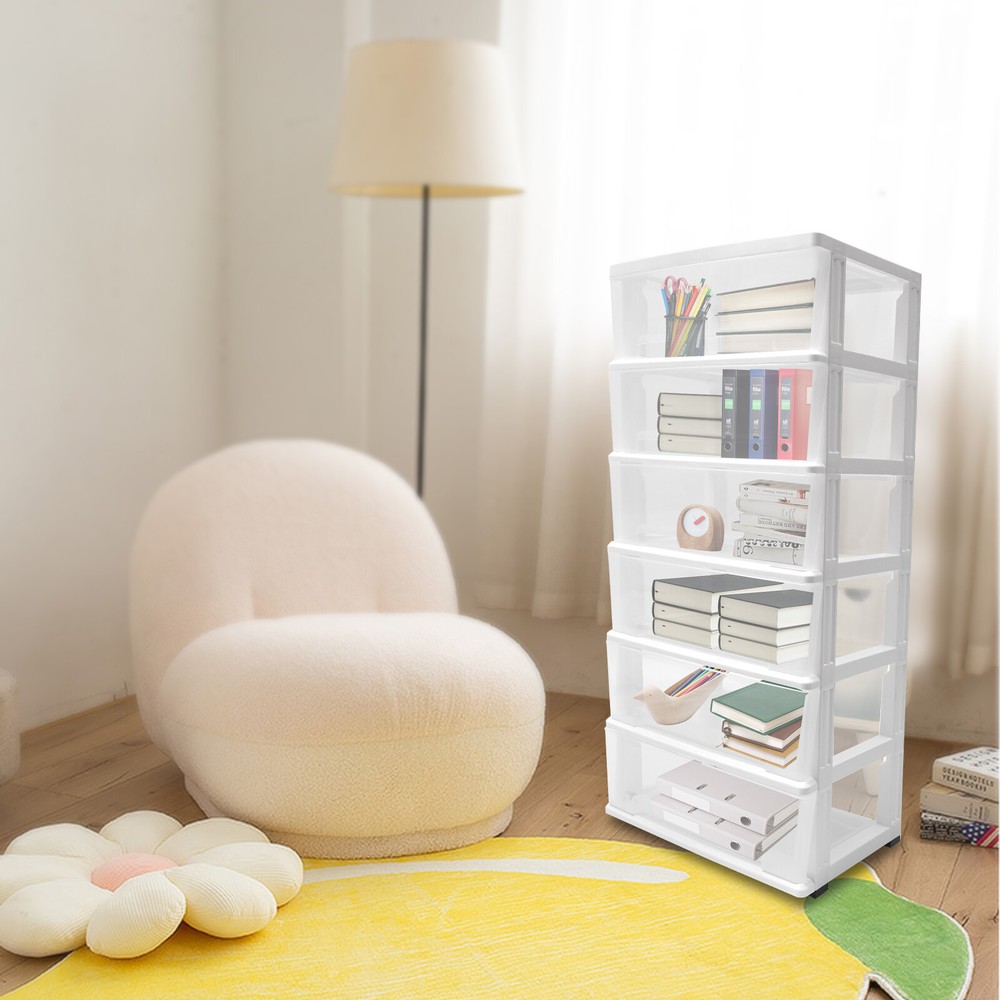 Storage Cabinet w/ 6 Plastic Drawers Clear Storage Cart for Storaging Books