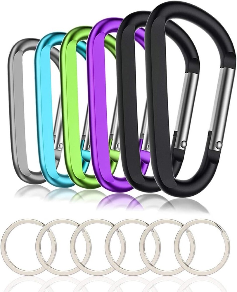 6-Pack Large Aluminum D-Ring Carabiner Keychain Hooks with Keyrings