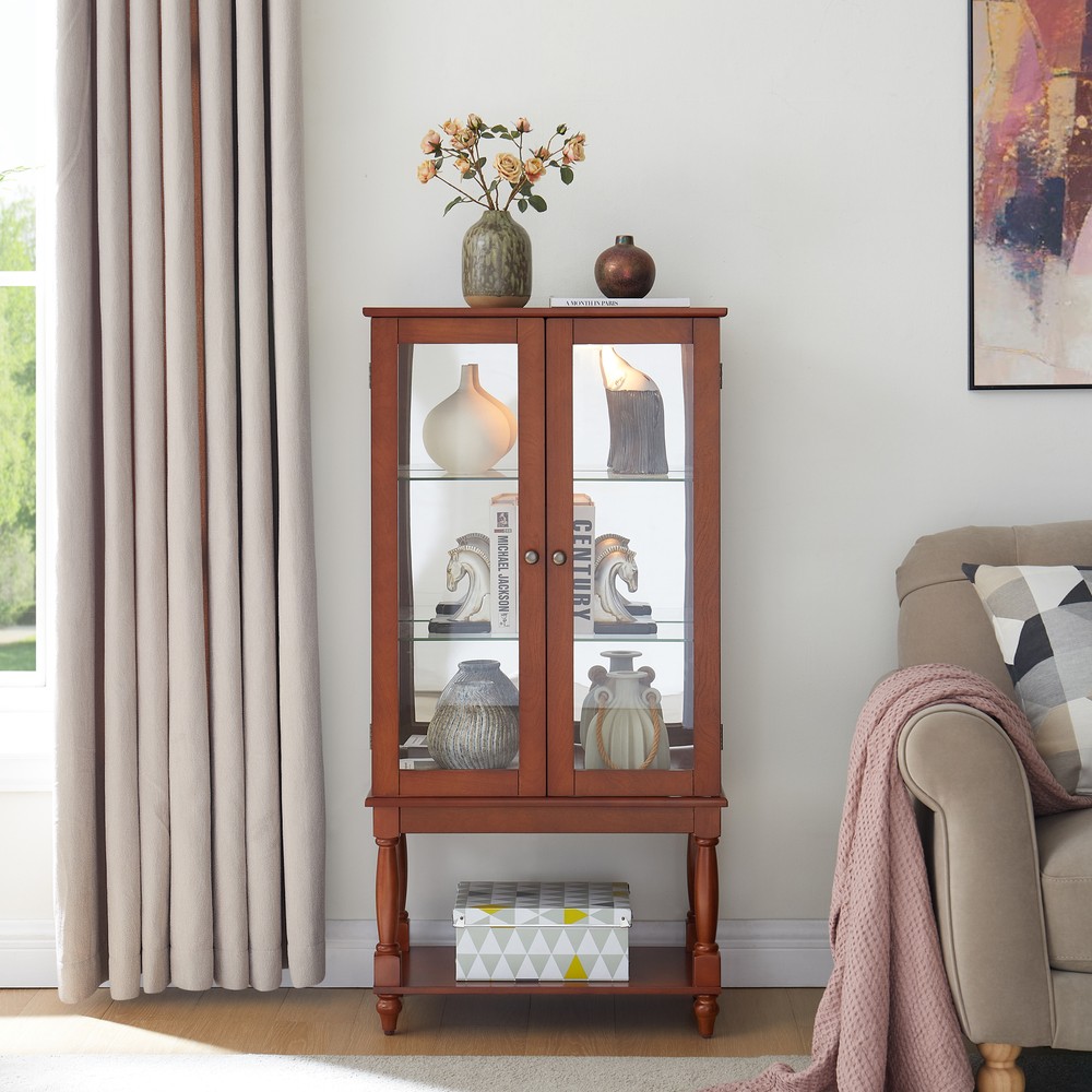 Curio Cabinet Lighted Curio Diapaly Cabinet w/Open Storage Space,Solid Wood Le