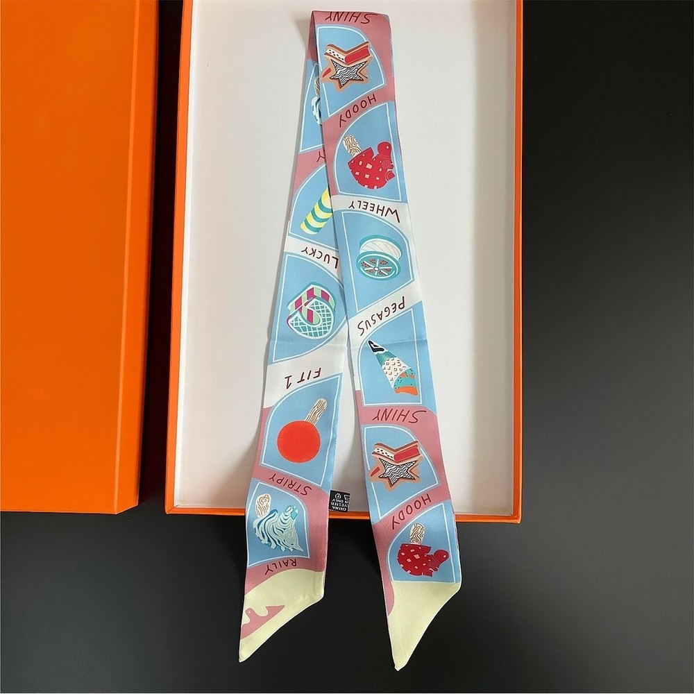 Small 100% Silk Scarf Macaron Hues & Gelato Motifs Neckerchief Hair Ribbon Wraps