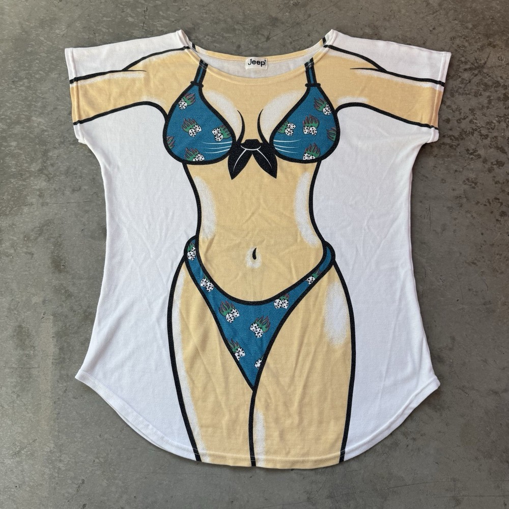 Vintage Jeep Bikini Cover Up Shirt Blue Flaming Dice Print Beach Women One Size