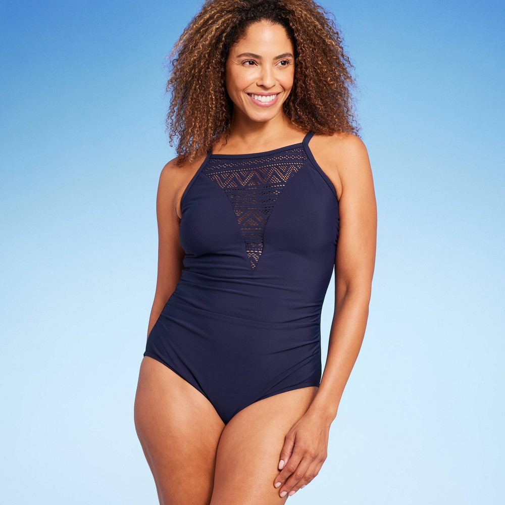 Women's UPF 50 Crochet High Neck One-Piece Swimsuit Aqua Green Navy XL  