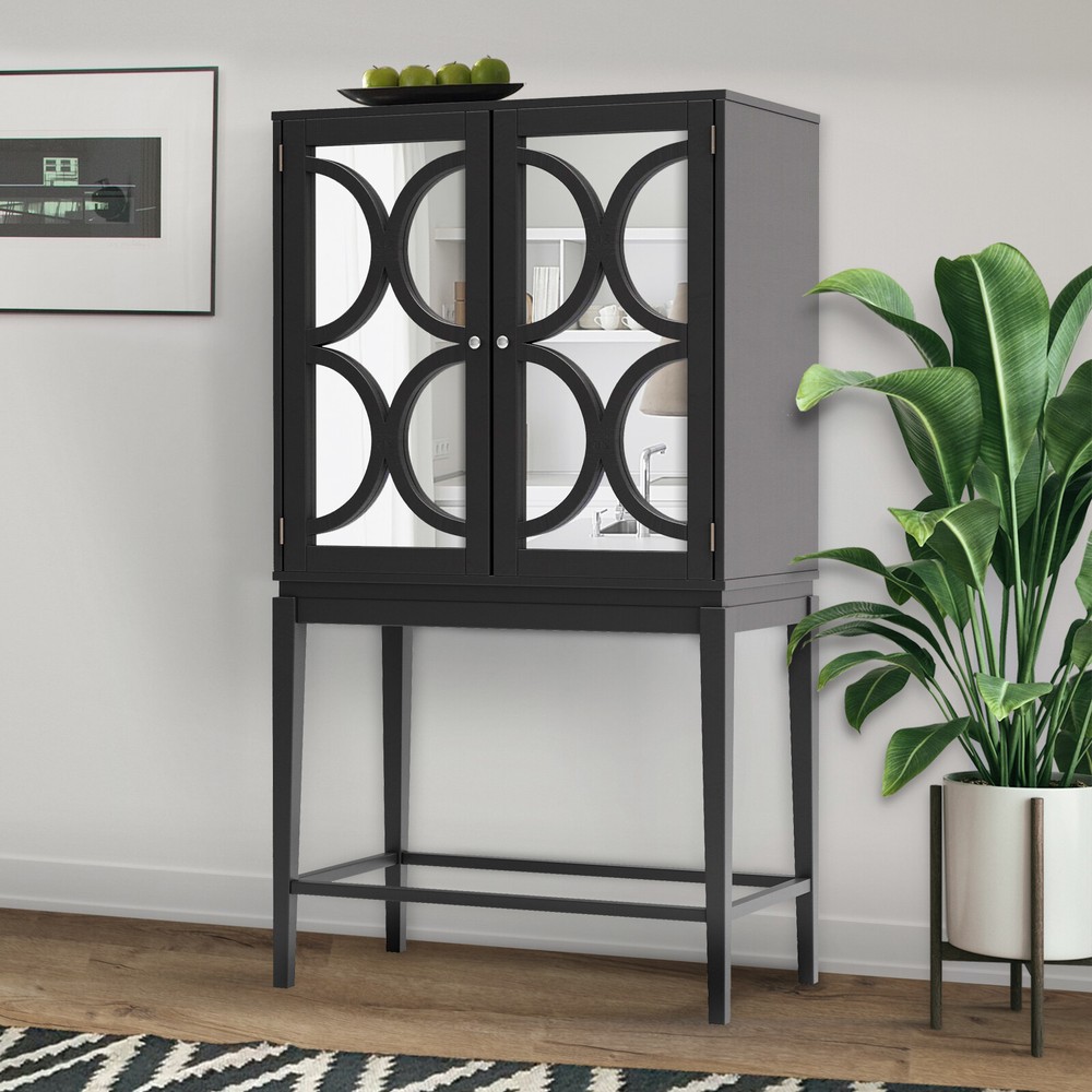Wine Cabinet Solid Rubber Wood Rack Double Mirror Door Bar Cabinet Kitchen