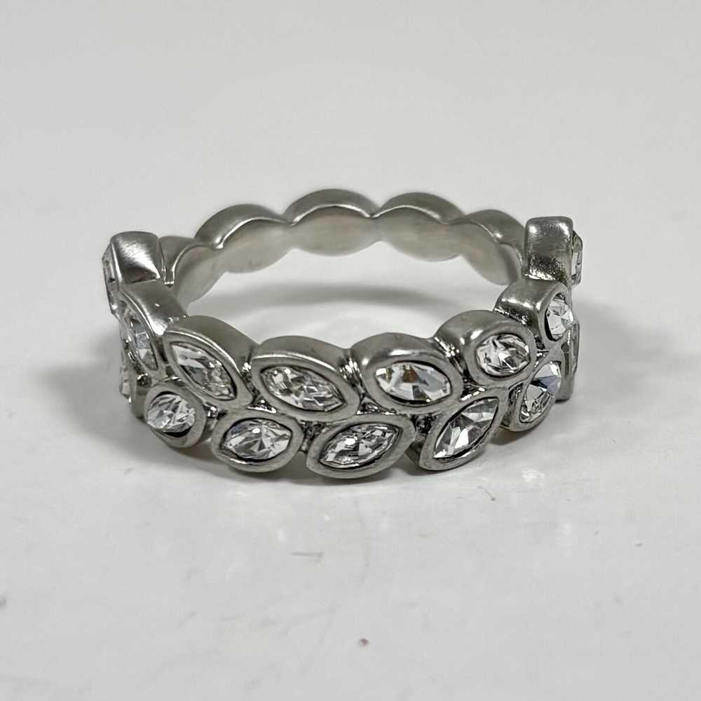 Swarovski Olympia Leaf Crystal Cocktail Ring Size 7 Silver Tone Brushed Finish