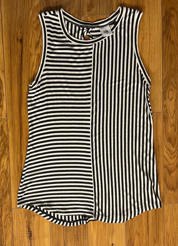 CABI Gray White Stripe Tank Women's Size S SUPER SOFT! Keyhole back