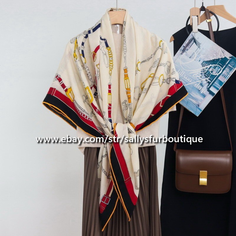 Sallys 70% Cashmere 30% Silk Wrap Scarf Chains Print Double Face Shawl 53