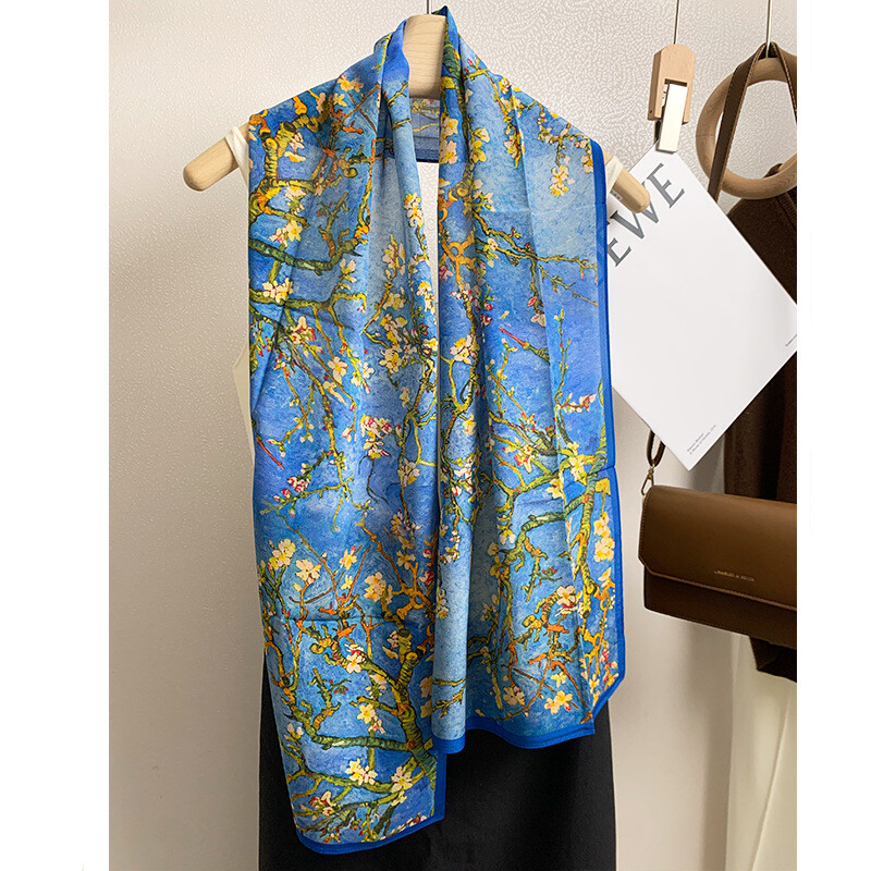 100% Mulberry Silk Crepe Shawl Sakura Print Neckerchief Oblong Scarf Blue yellow