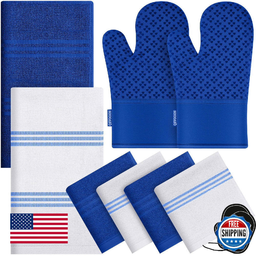 Dish Towels and Dishcloths with Oven Mitts Sets- 100% Cotton Tea Towels for Kitc