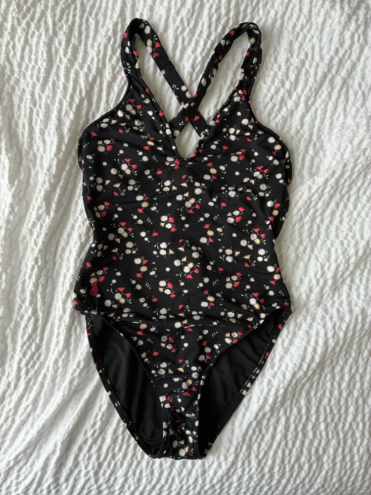 Polo Ralph Lauren One Piece Bathing Suit Black Backless Floral Small Womens Swim
