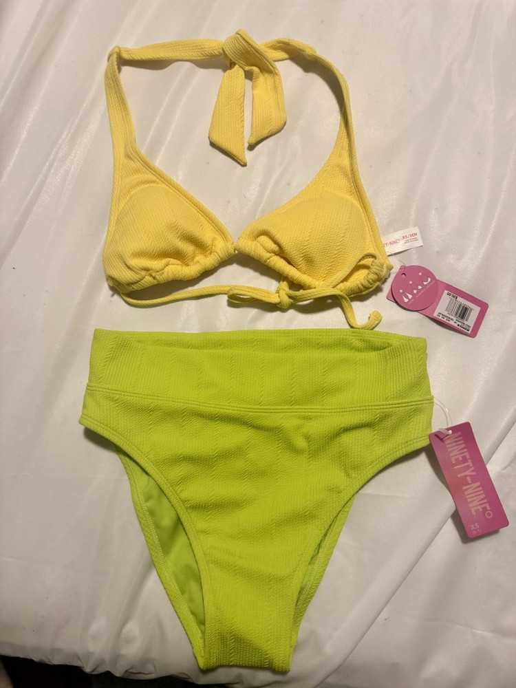 NWT Bikini Set Ninety-Nine Degrees XS Lime Green Yellow High Waisted Halter Top