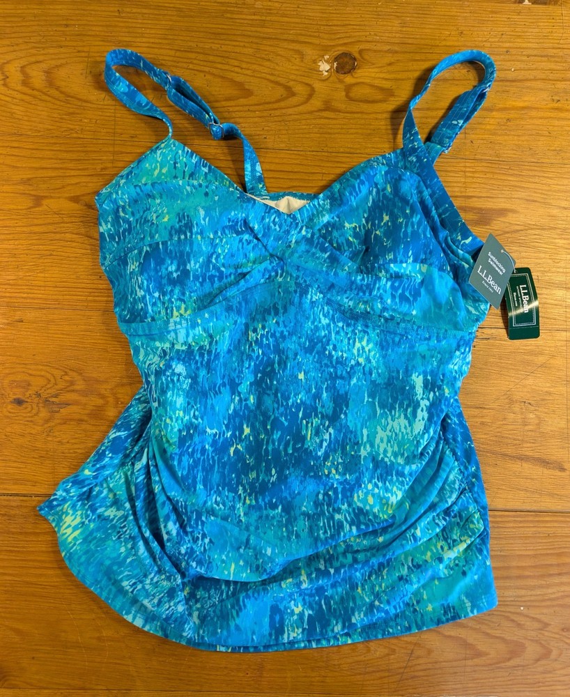 NWT LL Bean Women’s Side Ruched Tankini Swimsuit Top Green Blue Size 16 READ