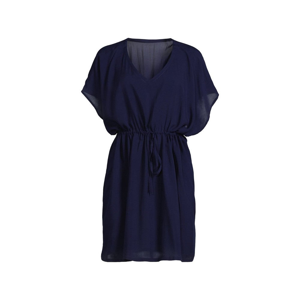Lands End Women's M-L Deep Sea Navy Sheer Short Sleeve Gathered Waist Swim Dress