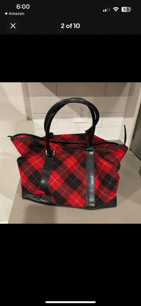 LL Bean Large Plaid Wool Blend Tote Bag with Leather Handle