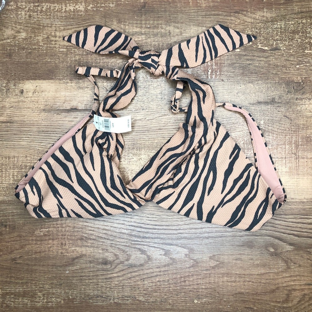 Aerie Pique Animal Print Tie Longline Triangle Bikini Top Sienna Black Tiger NWT