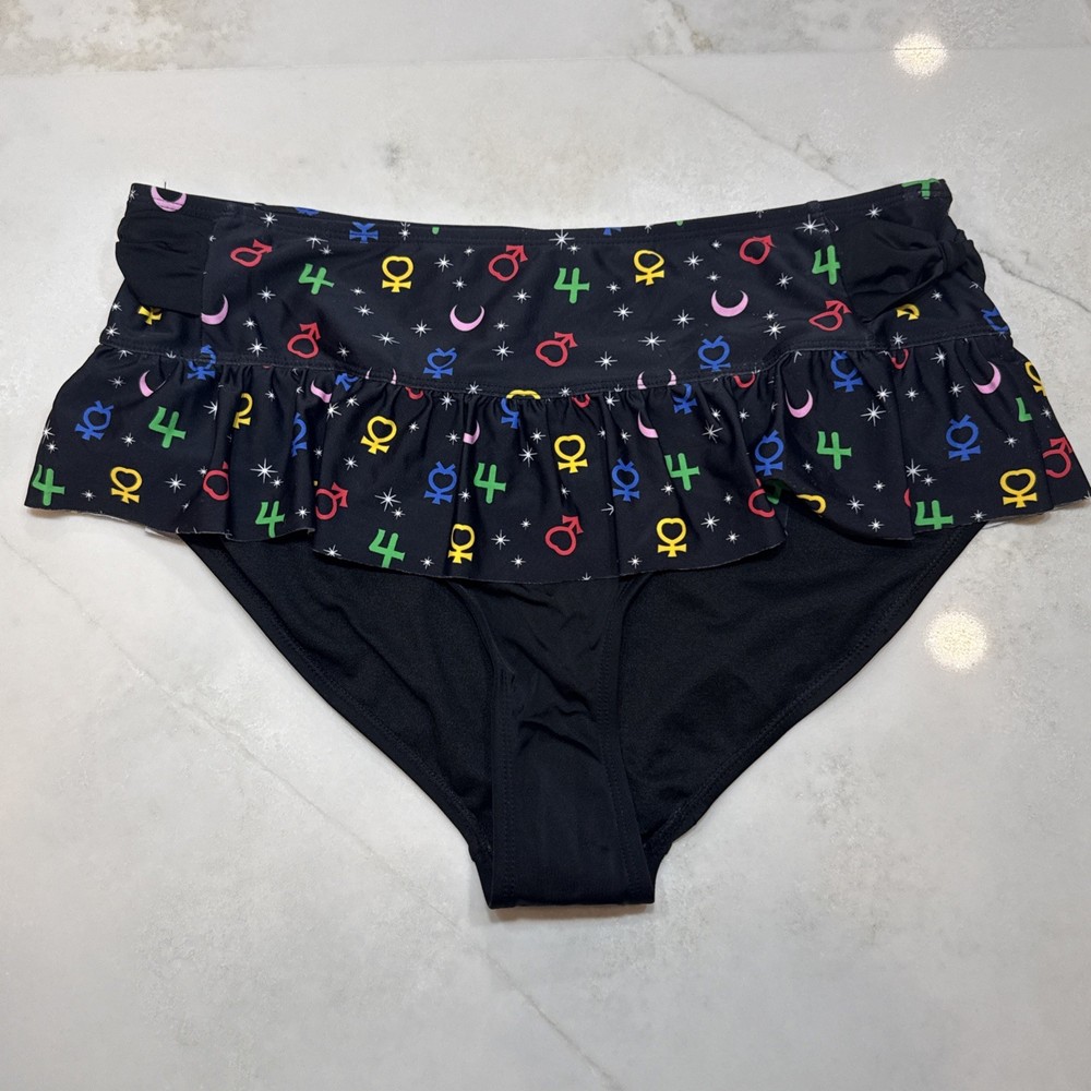 Hot Topic Womens Swim Bottom Sailor Moon Luna Print Black Ruffle Size L NWT