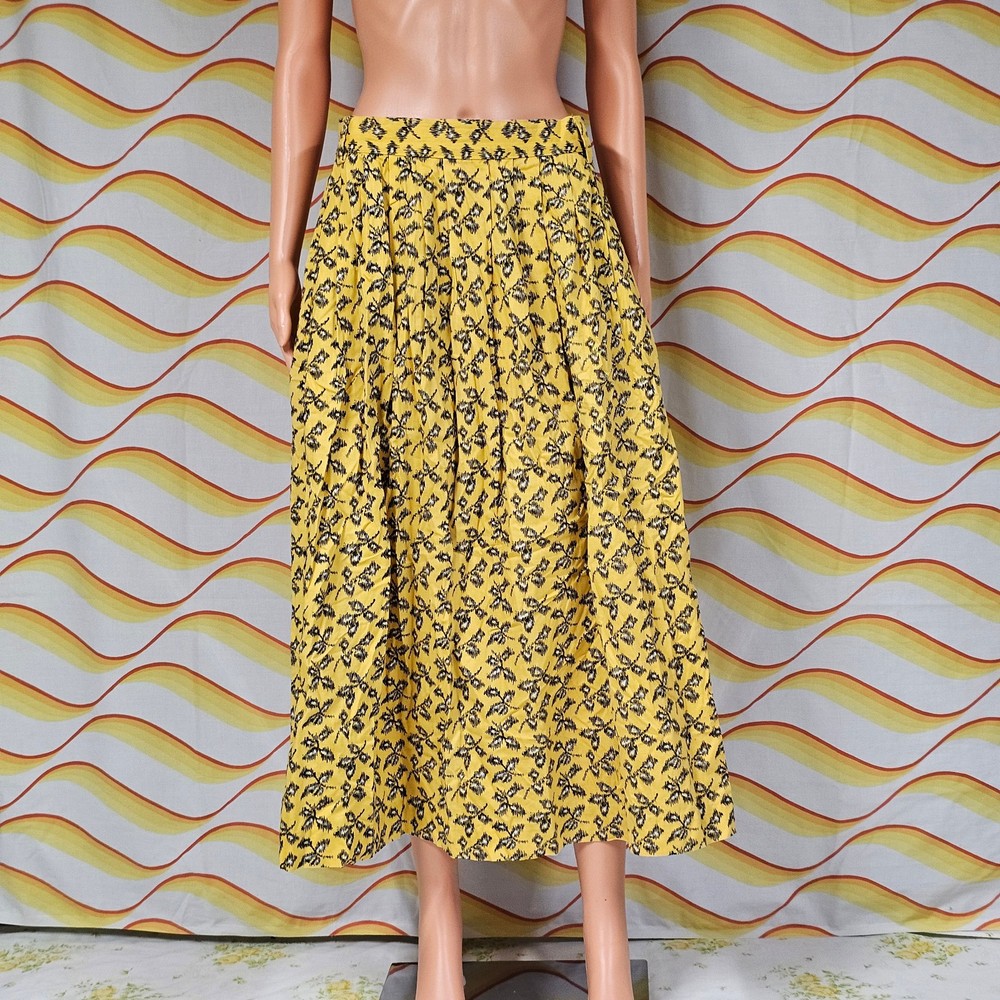 Womens Vintage Yellow A Line Pleated Maxi Skirt 100% Cotton Pockets 30