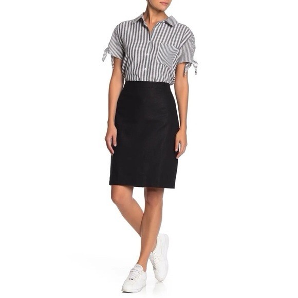 J. Crew Stretch Linen-Blend Midi Pencil Skirt Black Size 18 Zip Slit Casual