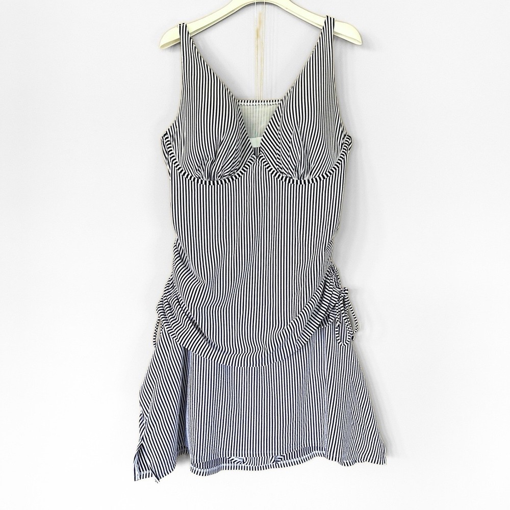 Cacique Swim Suit 42DDD Top sz 24 Bottom Navy White Seersucker Tankini Plunge