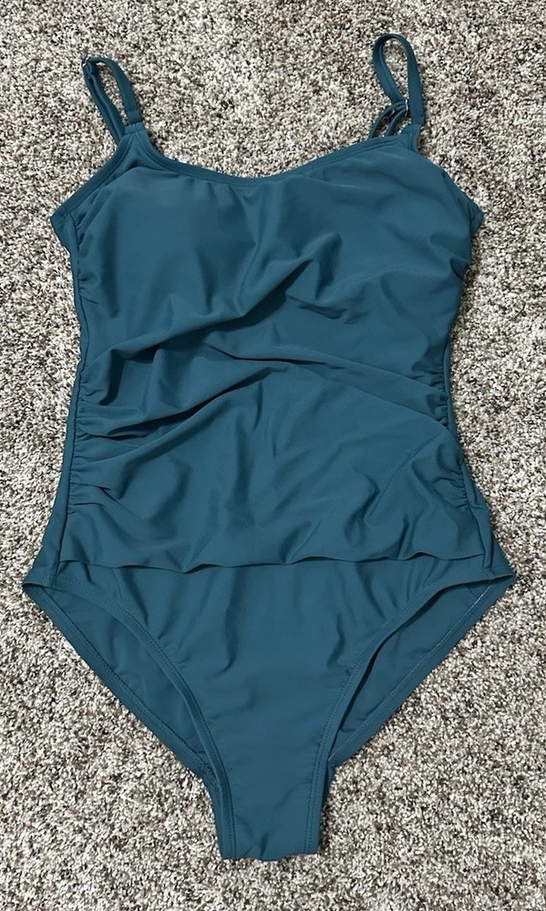 Women’s Dark Teal One-Piece Ruched Swimsuit With Built In Bra | Size Medium
