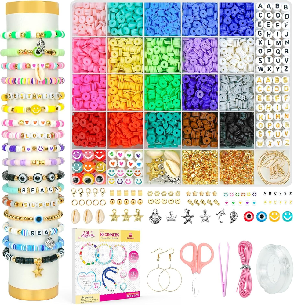 Beginner Clay Beads Bracelet Kit with 5000 Pcs Preppy Polymer Beads  