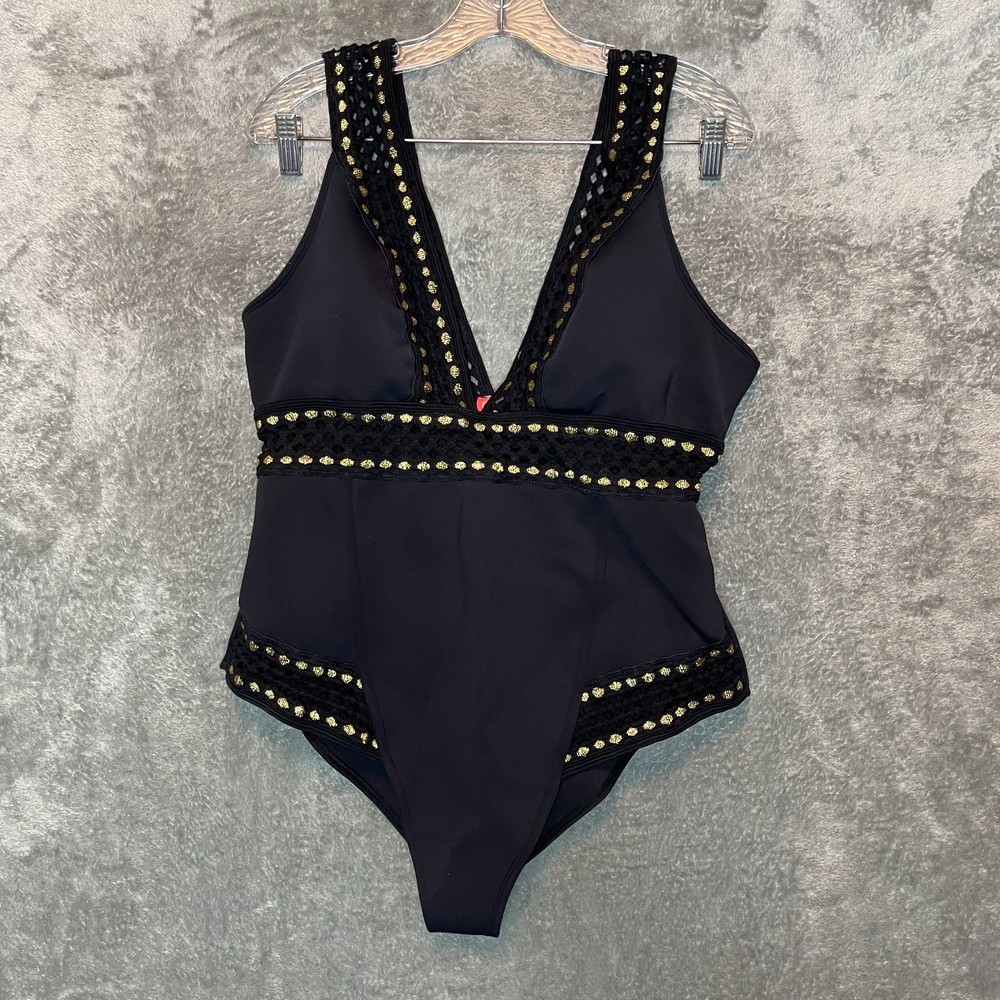 River Island Women Black Gold Mesh Plunge Scuba Padded One Piece Swimsuit 10*