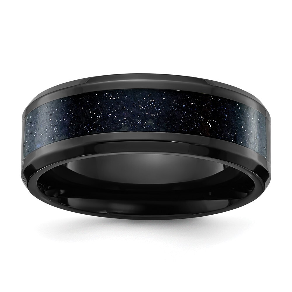 Titanium Black IP-plated with Blue Star Sandstone Inlay 8mm Band Ring Size 12