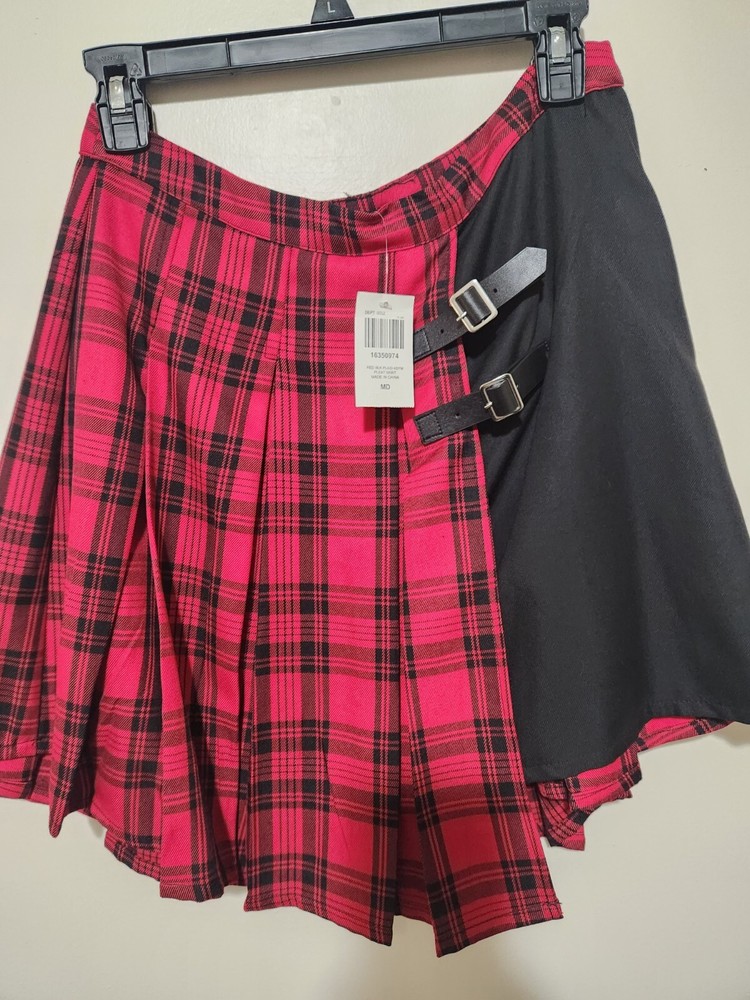 Hot Topic Womens M Red Black Plaid Pleated Schoolgirl A-Line Skirt NEW-image