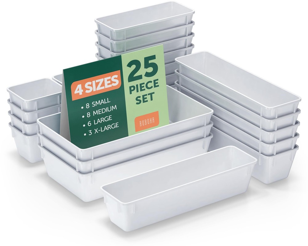 25-Piece White Plastic Drawer Organizer Set in 4 Sizes for Home & Office
